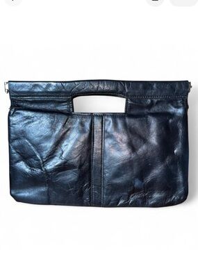 80s VTG Black Leather Envelope Clutch with Flex Metal Frame Closure 12" x 8.5"